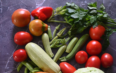 High angle view of vegetables on table