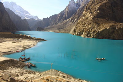 High angle view of lake and mountains