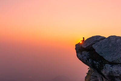 Silhouette bird on rock against orange sky