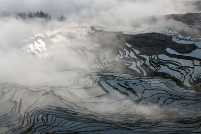 Scenic view of waterfall against sky