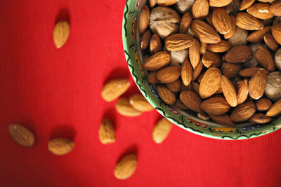 Directly above view of nuts in bowl on table