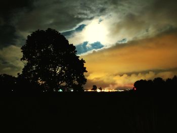 Silhouette trees on field against sky at sunset