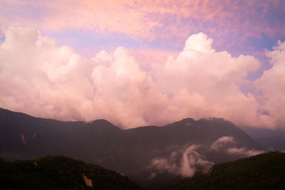 Scenic view of mountains against sky during sunset