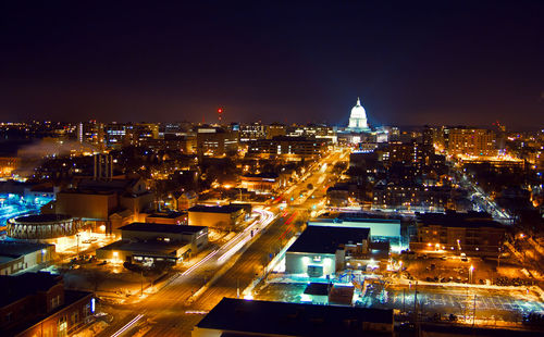 High angle view of city street at night