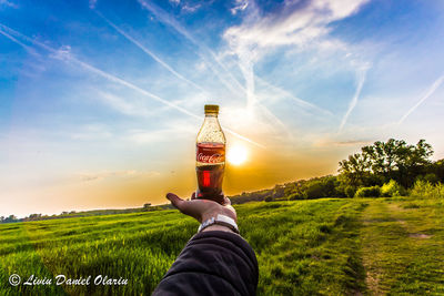 Low section of man holding glass bottle against sky