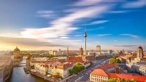 High angle view of cityscape during sunset