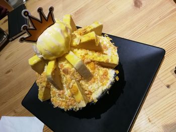 High angle view of ice cream in plate on table