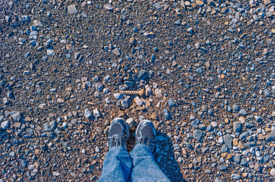 Low section of man standing by screw on land