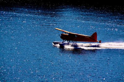 High angle view of ship moored on sea