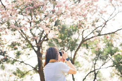 Low angle view of woman photographing by white flowering tree