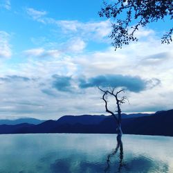 Scenic view of lake against cloudy sky