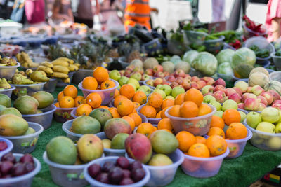 Fresh fruits for sale- oranges, apples, plums, pears and bananas.