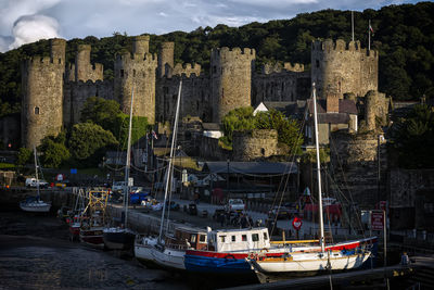 Boats moored in harbor