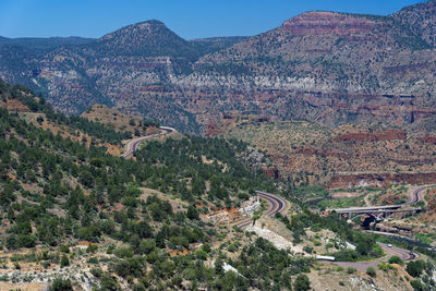 High angle view of winding road on landscape against sky