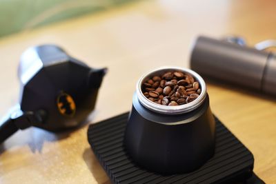 High angle view of coffee beans on table