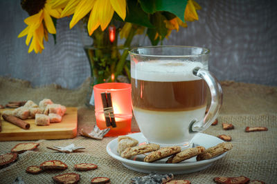 Close-up of coffee served on table