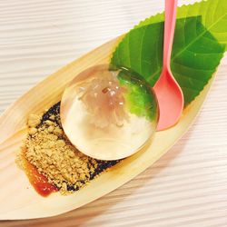 High angle view of dessert in plate on table