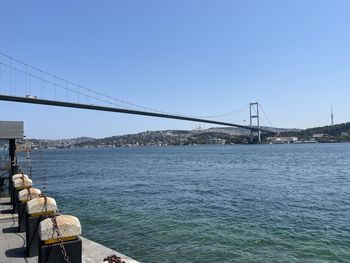 Suspension bridge over river against clear sky