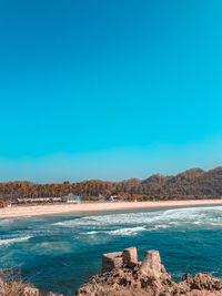 Scenic view of sea against clear blue sky