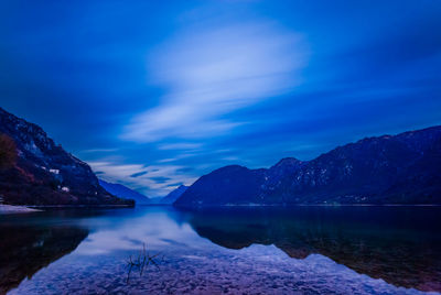 Scenic view of lake and mountains against blue sky