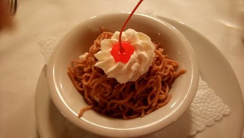Close-up of cake served in plate on table