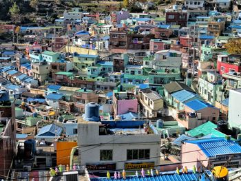 High angle view of colorful houses in city
