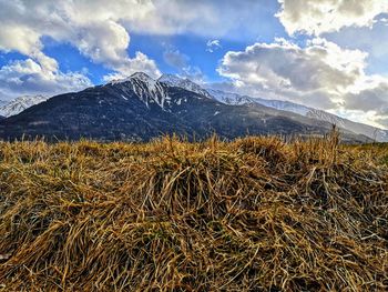 Scenic view of snowcapped mountains against sky