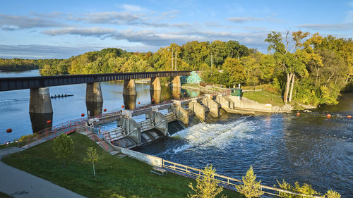 High angle view of bridge over river against sky