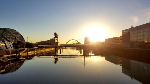 Bridge over river in city against clear sky