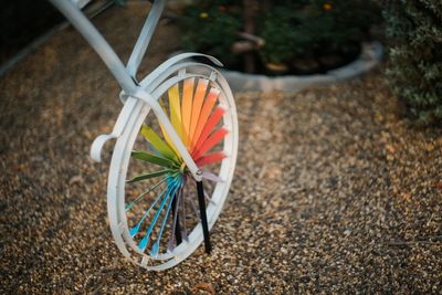 High angle view of bicycle wheel on field