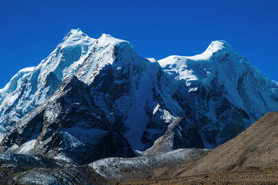 Scenic view of snowcapped mountains against clear blue sky