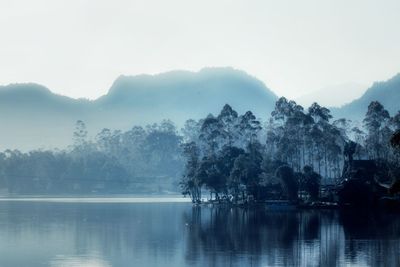 Scenic view of lake by trees against sky