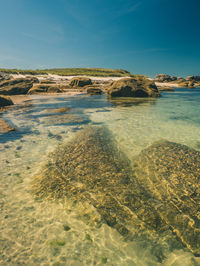 Scenic view of rocks on beach against sky