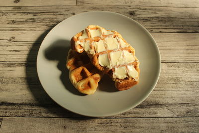 High angle view of breakfast in plate on table