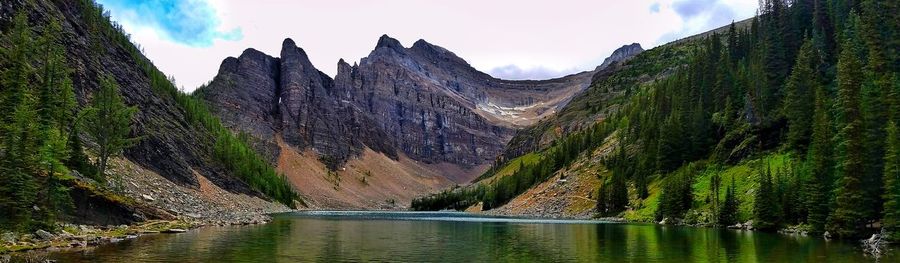 Scenic view of river with mountains in background