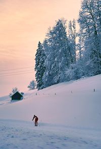 Person cross-country skiing on snow covered land against sky