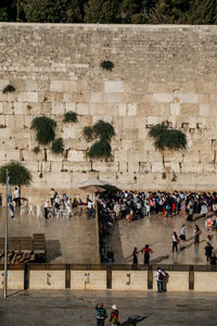 High angle view of people outside building