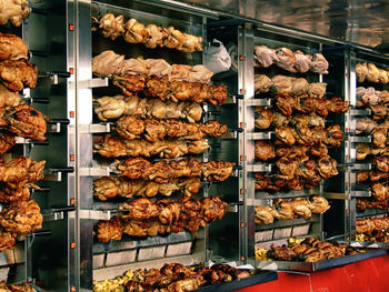 View of rotisserie chicken