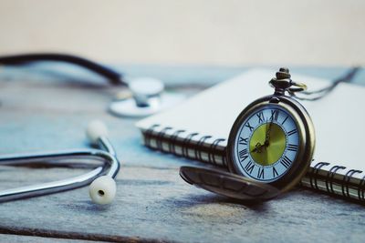 Close-up of clock on table