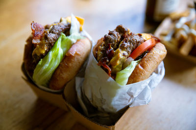 High angle view of hot dog on table