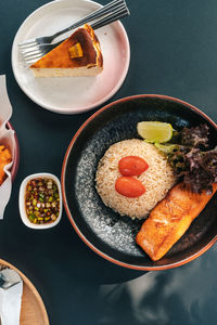 High angle view of breakfast served on table