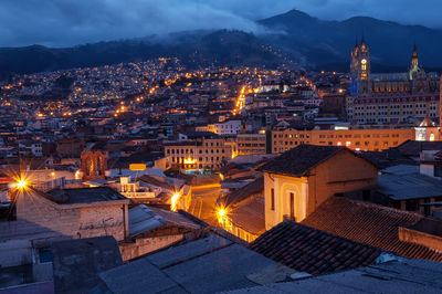 High angle view of illuminated cityscape at night