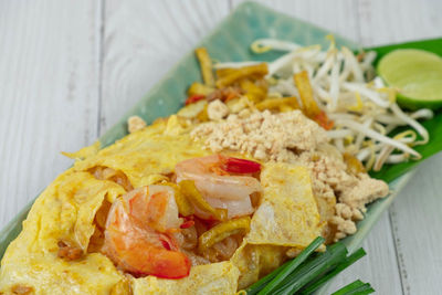 High angle view of breakfast served on table