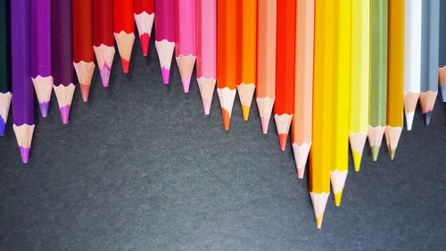 High angle view of multi colored pencils on table