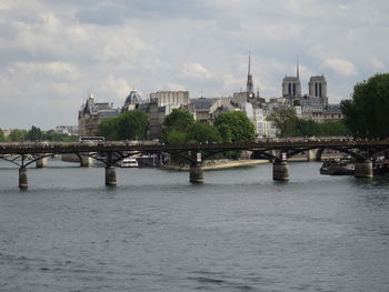 Bridge over river with cityscape in background