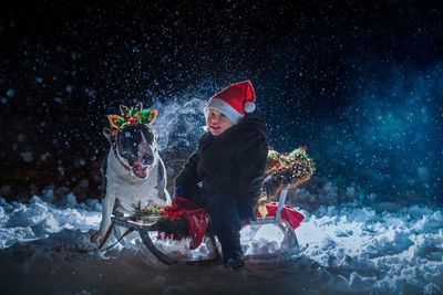 Low angle view of dog on snow