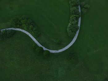 Aerial view of curved road amidst grassy field