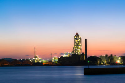 Sea by illuminated buildings against clear sky during sunset