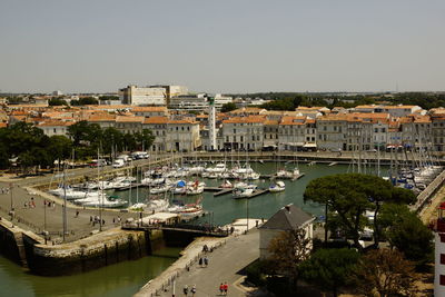 High angle view of river amidst buildings against sky