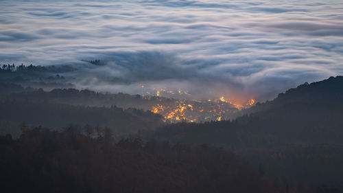 The small village of sulzbach in the northern black forest is overtaken by fog